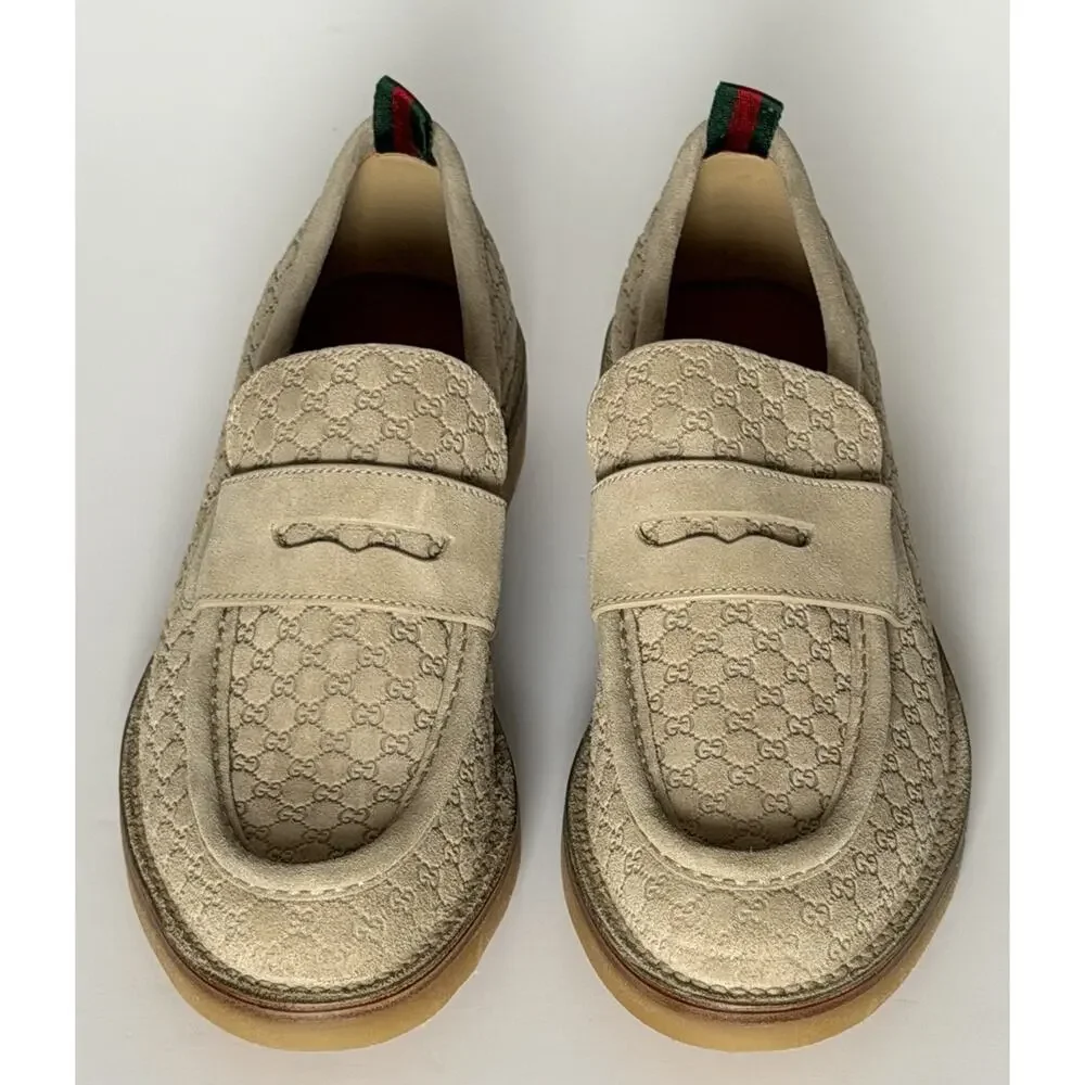 Gucci Mens GG Monogram Suede Loafers Shoes Oatmeal 9.5 US (9 Gucci) 831289 NIB